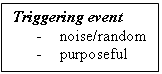 Text Box: Triggering event
-	noise/random
-	purposeful


